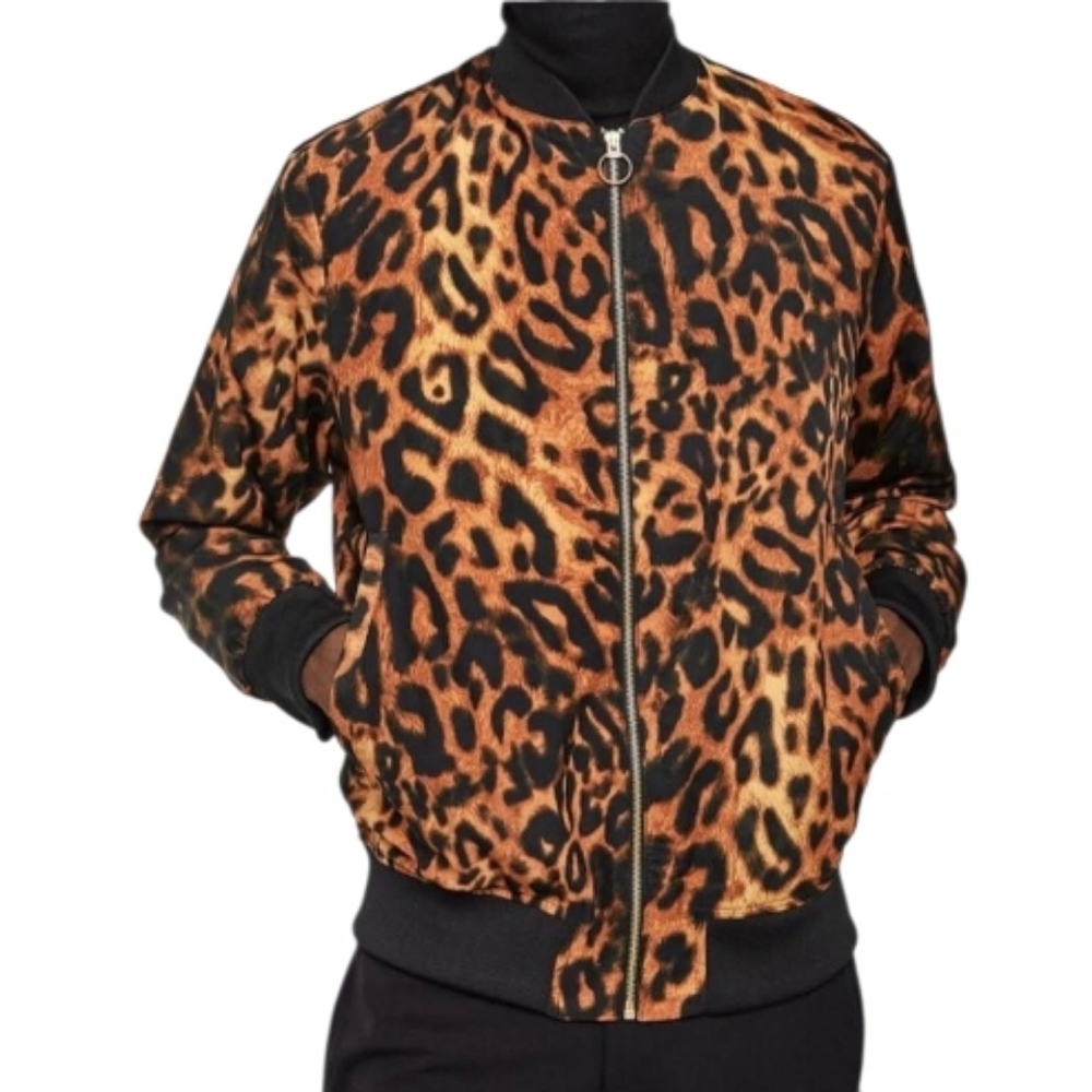 Zara Men Brownand Black Leopard Print Bomber Jacket Size Small